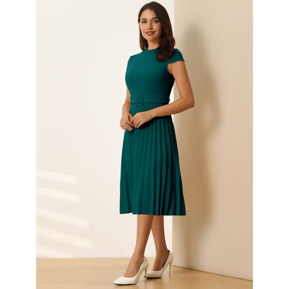 Pleated Dress Mock Neck Cap Sleeve Belted A-Line Dresses Green - Picture 3 of 6